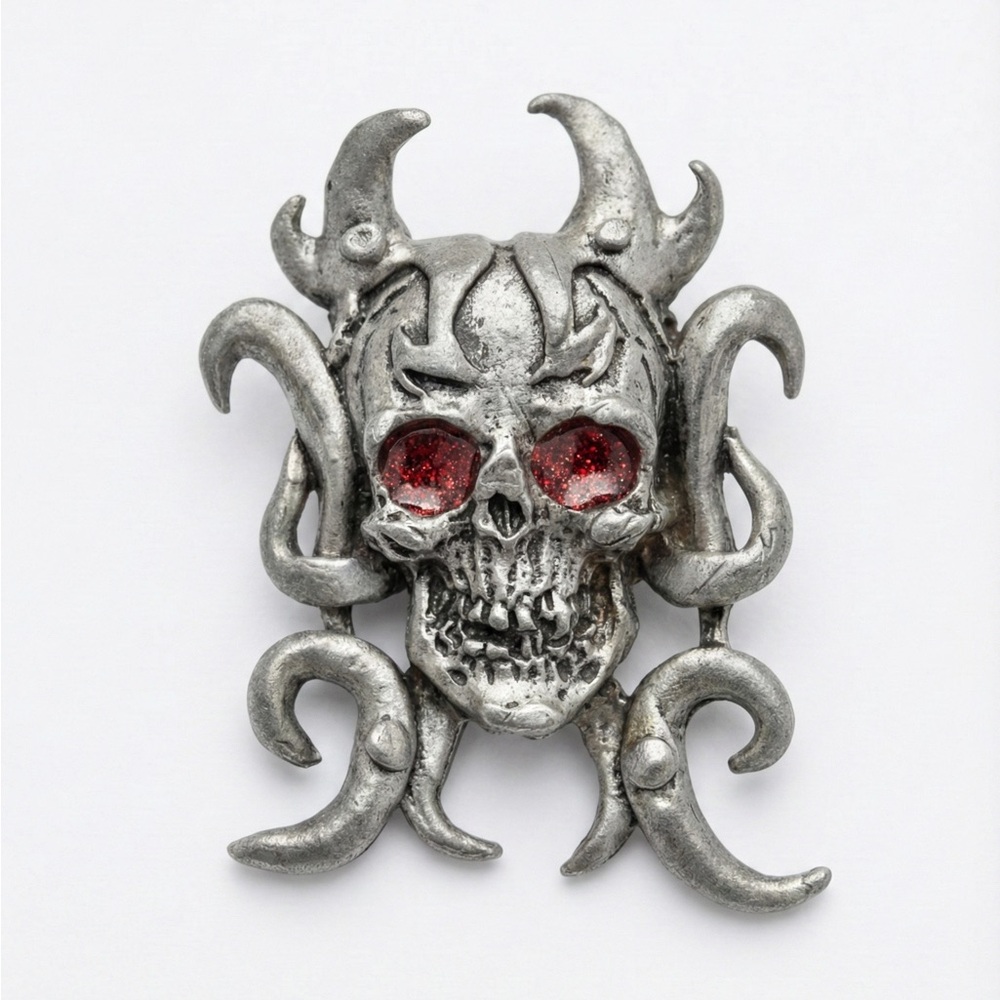 Vtg 1993 Wizards Pewter Tribal Skull Pin Brooch Red Eyes 90s Mall Goth Biker
